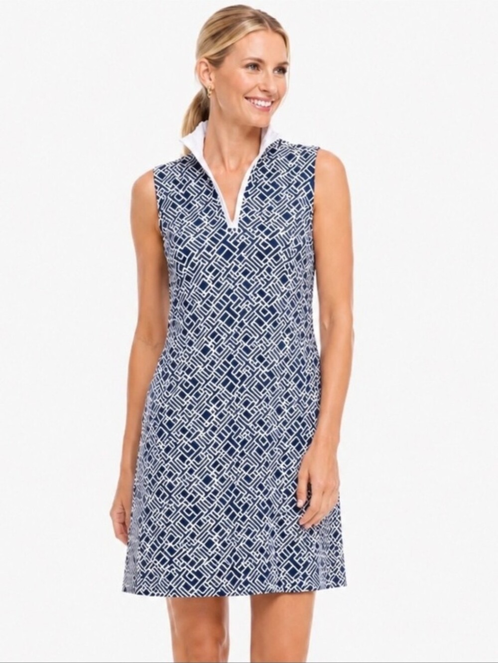 J. McLaughlin Blue White Bedford Catalina Cloth 1/4 Zip Sleeveless Sheath Dress